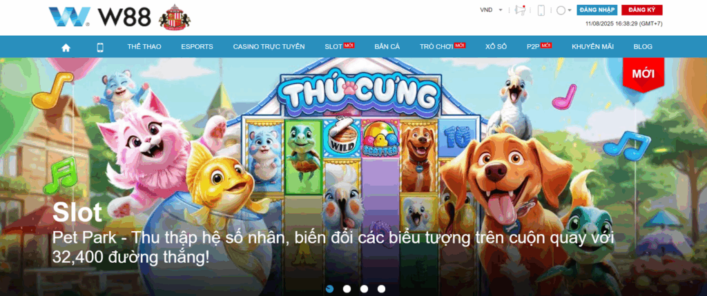W88 – Nhà cái cá cược uy tín quốc tế, giao diện trang chủ với slot game Thú Cưng, link vào W88 chính thức an toàn